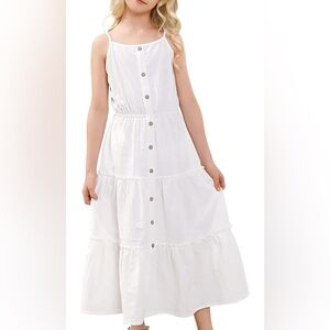 Girls 9y-10y White Spaghetti Strap Tiered Dress Casual A-line Flowy With Pockets